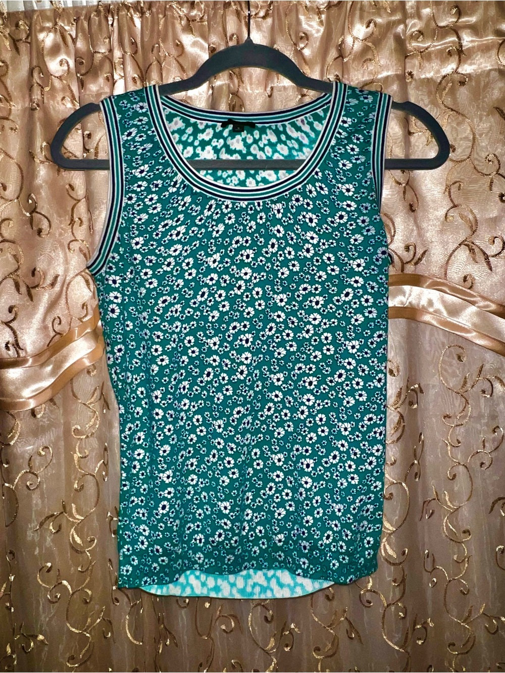 Talbots Teal Floral Sleeveless Tank with Contrast Stripe Trim